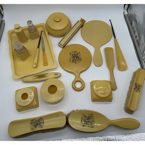 Vintage Celluloid Vanity Set Tray and Brushes Mirrors Perfume - Picture 2 of 16